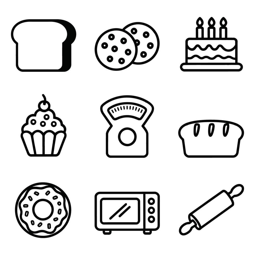 Baking Icon Set with Bread, Cookies, and Kitchen Tools vector