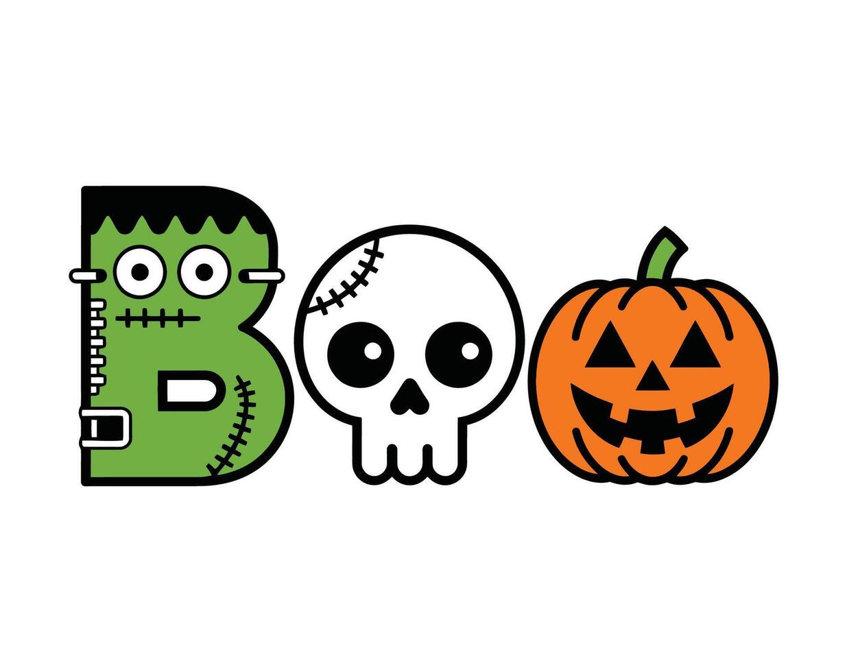 Halloween Boo Text with Frankenstein , Skull and Pumpkin Illustration vector