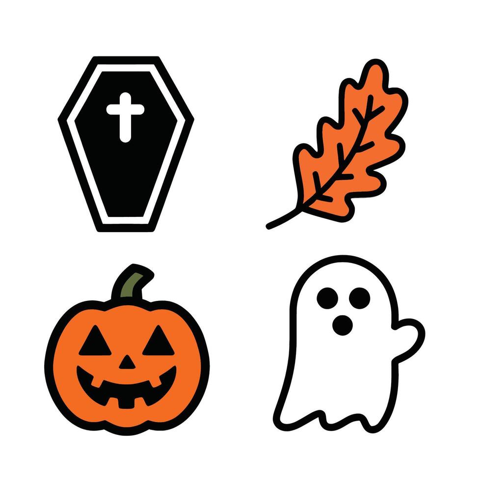 Halloween Icons with Coffin, Ghost, Pumpkin, and Autumn Leaf in Cartoon Style vector