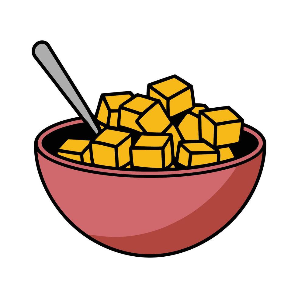Bowl of yellow mango cubes with a spoon illustration vector