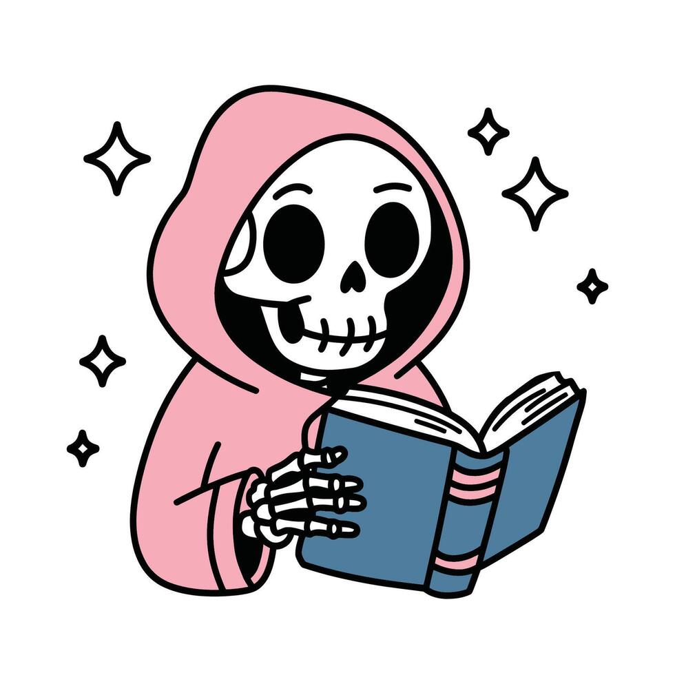 Cute Skeleton in Pink Hood Reading a Book vector
