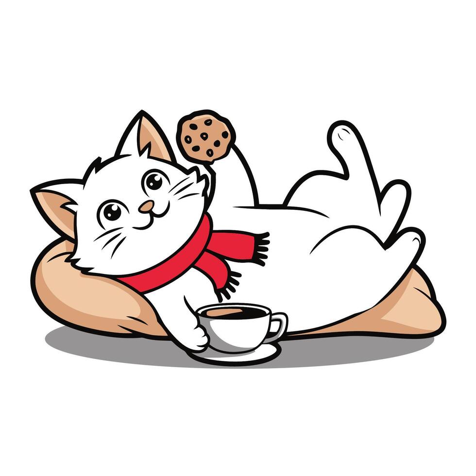 Cute Relaxing Cat with Cookie and Coffee Illustration vector