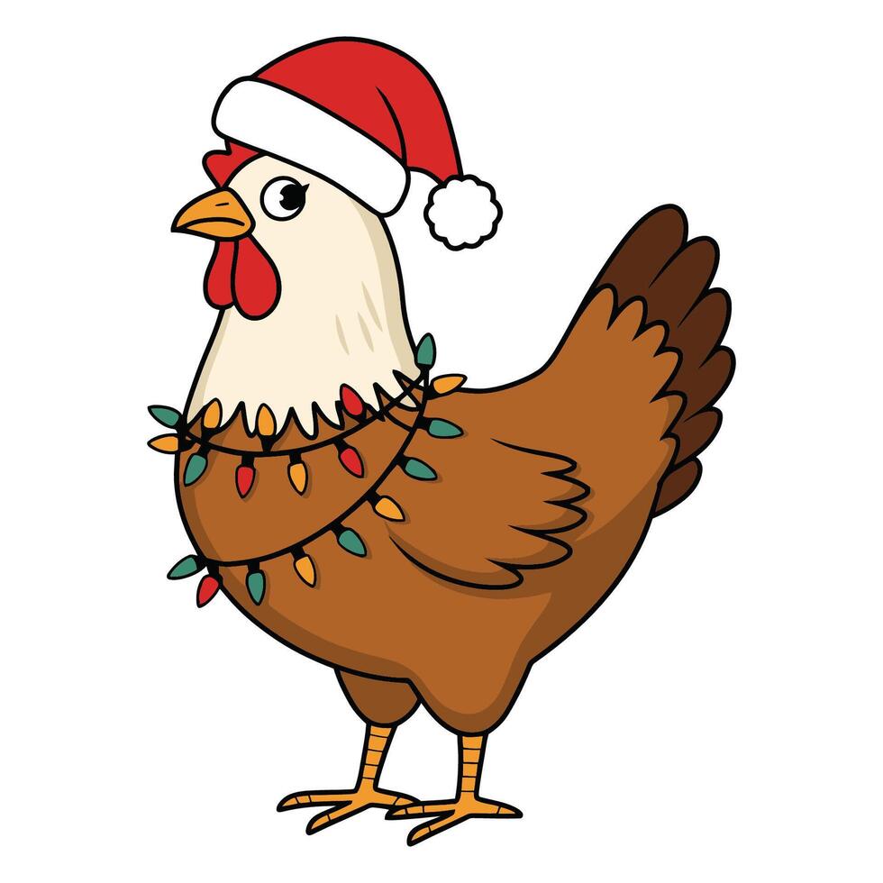 Cartoon Christmas Chicken with Santa Hat and Lights vector