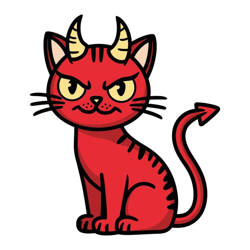Cartoon Red Devil Cat with Horns and Tail vector