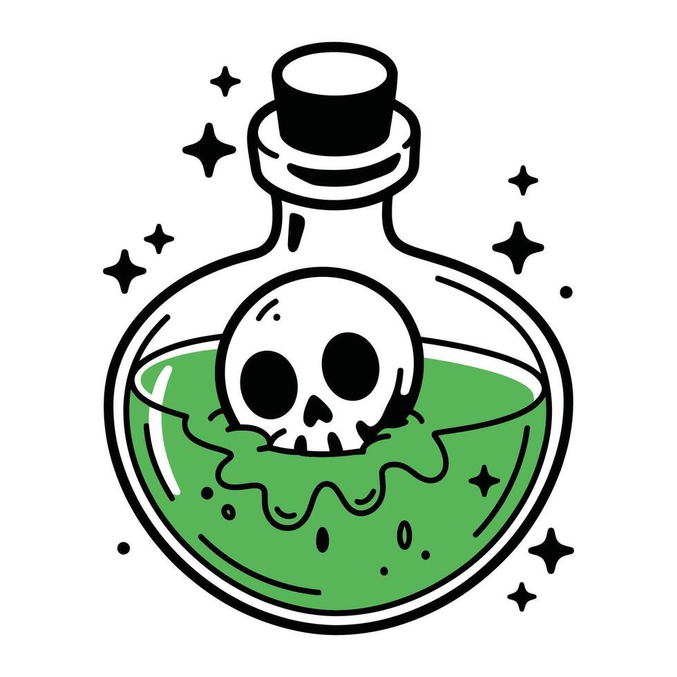 Skull floating in a green potion bottle in cartoon style vector