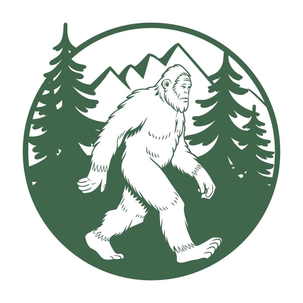 Bigfoot walking in forest retro illustration vector