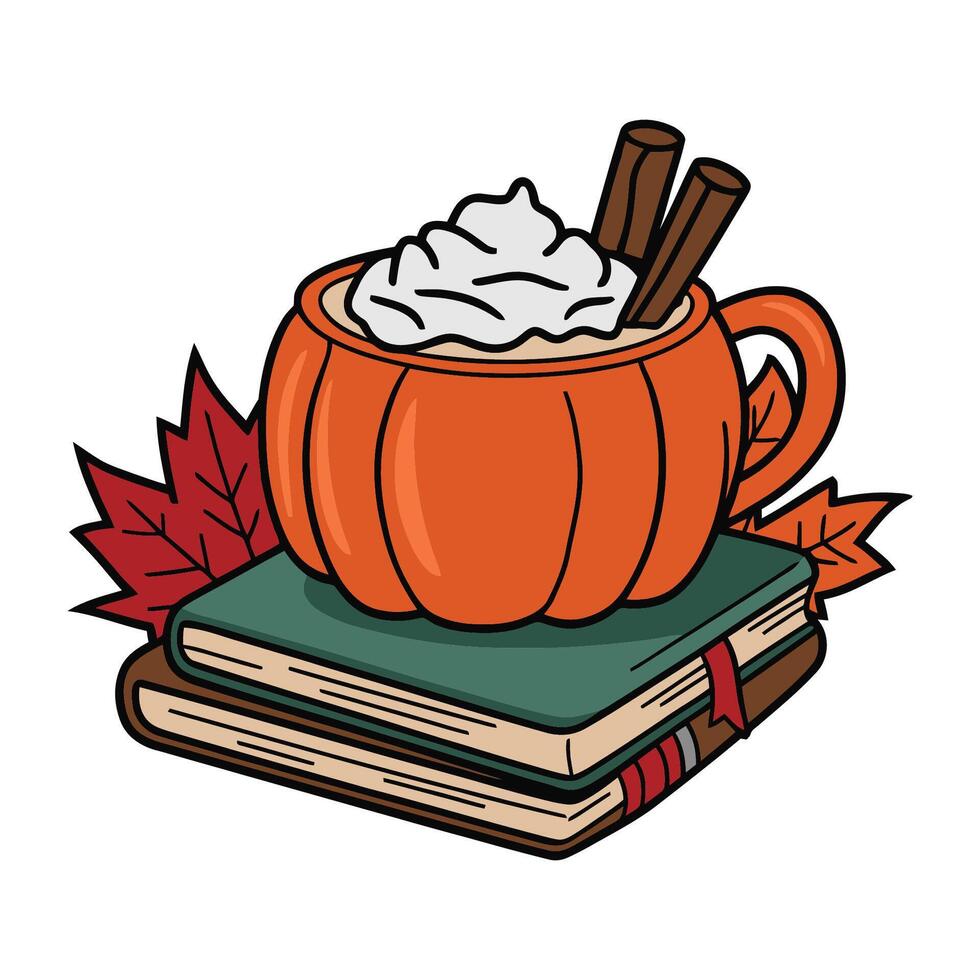 Pumpkin Mug on Book with Maple Leaves Illustration vector