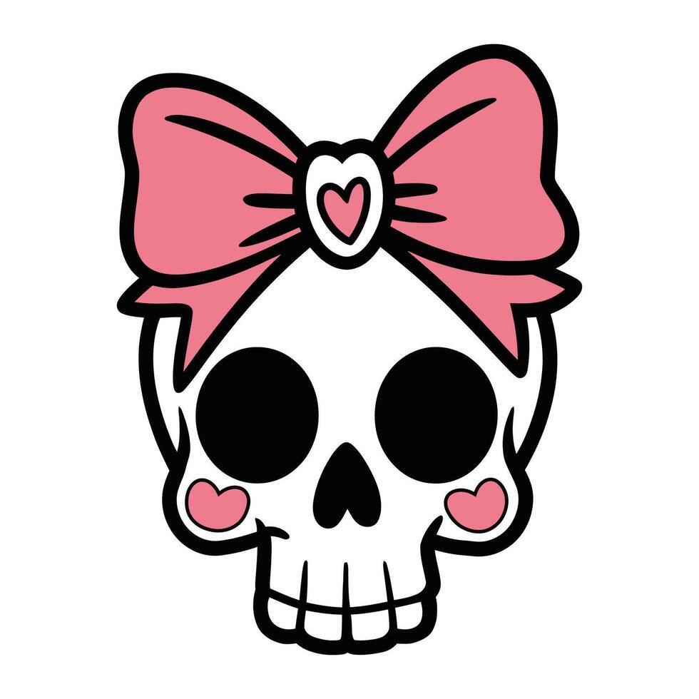 Cartoon Skull with Pink Bow and Heart Cheeks Illustration vector