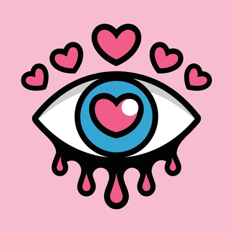 Heart eye with dripping tears and love symbols cartoon illustration vector