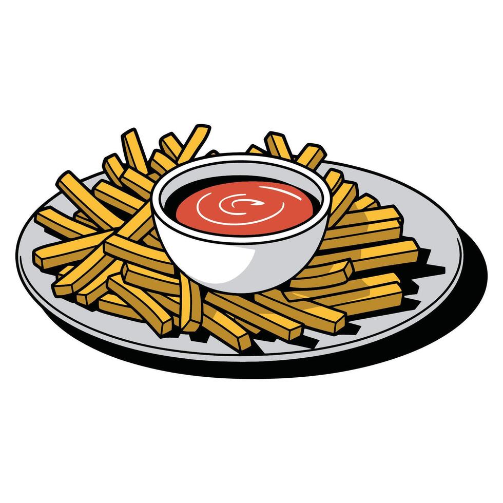 Plate of French Fries with Bowl of Ketchup Illustration vector