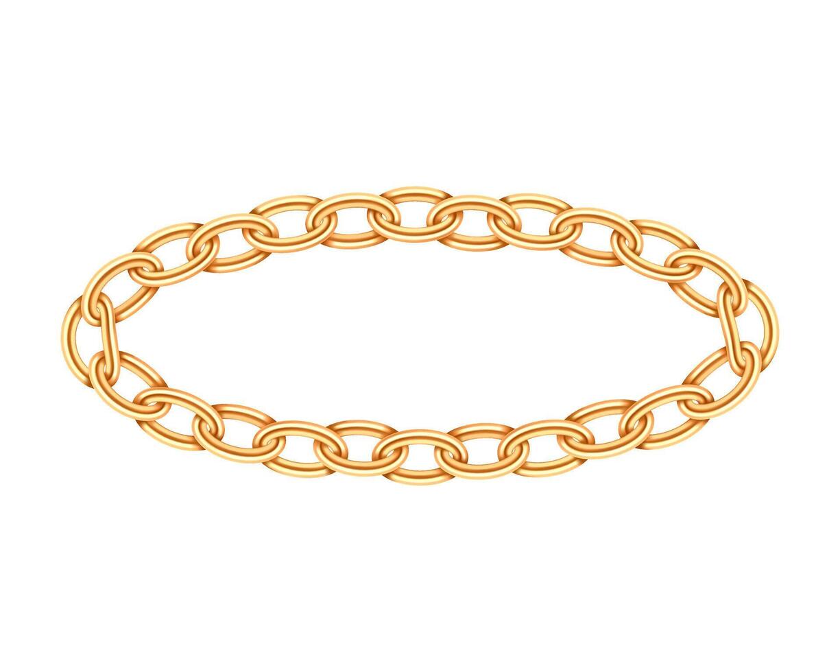 Realistic gold circle frame chain texture. Golden round chains link isolated on white background. Jewelry chainlet three dimensional design element. vector
