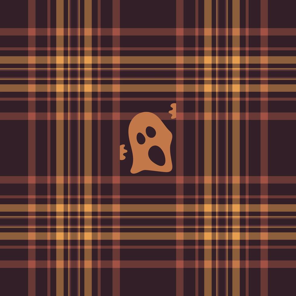Halloween pattern with plaid stripes and pumpkins, spooky ghosts, and scary ornaments. Ideal for autumn background, textile, fabric, party decor, greeting cards, posters, or tiled wallpaper. vector