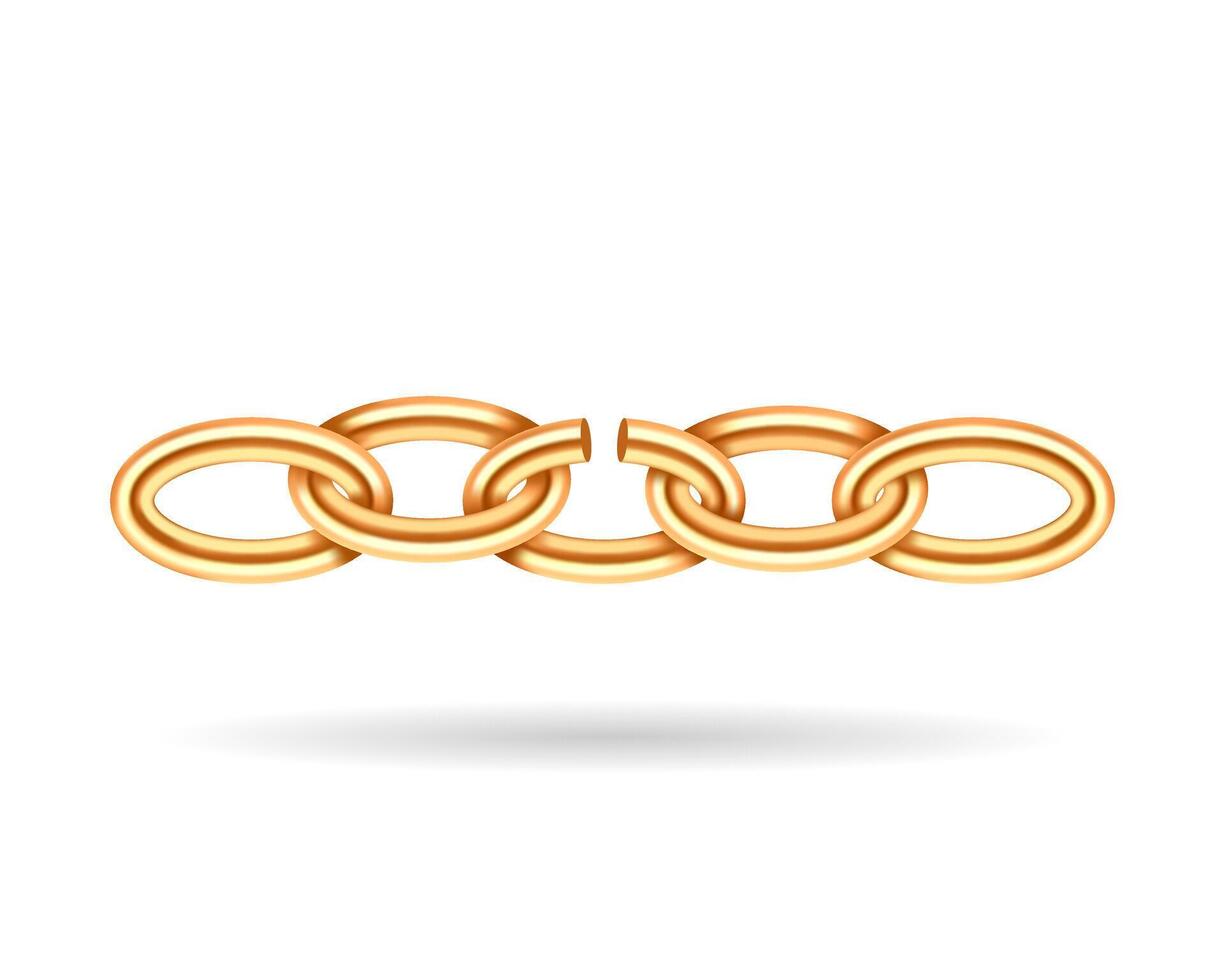 Realistic gold broken chain texture. Yellow color demage chains link isolated on white background. Three dimensional design element. vector