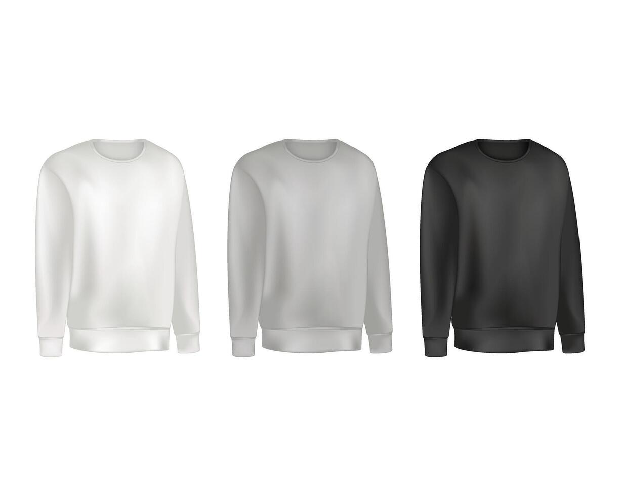 Man clothing set of sweatshirt and raglan sweater gray and black color. Fashion illustration of sports uniform t shirt. Blank template front views. Isolated on white background. vector