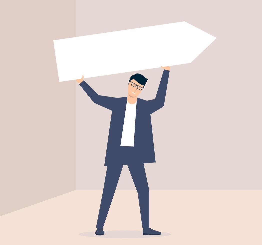 A young man holds a tablet with the direction of movement. Template for text. illustration vector