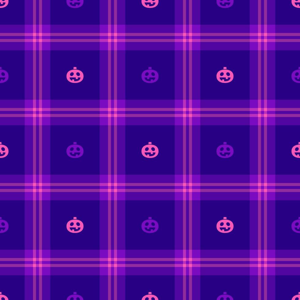 Halloween pattern with plaid stripes and pumpkins, spooky ghosts, and scary ornaments. Ideal for autumn background, textile, fabric, party decor, greeting cards, posters, or tiled wallpaper. vector