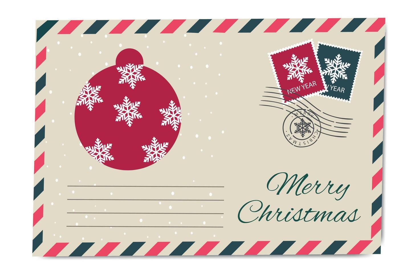 Christmas postcard design with festive envelope, snowflakes, and Merry Christmas typography for holiday greetings vector