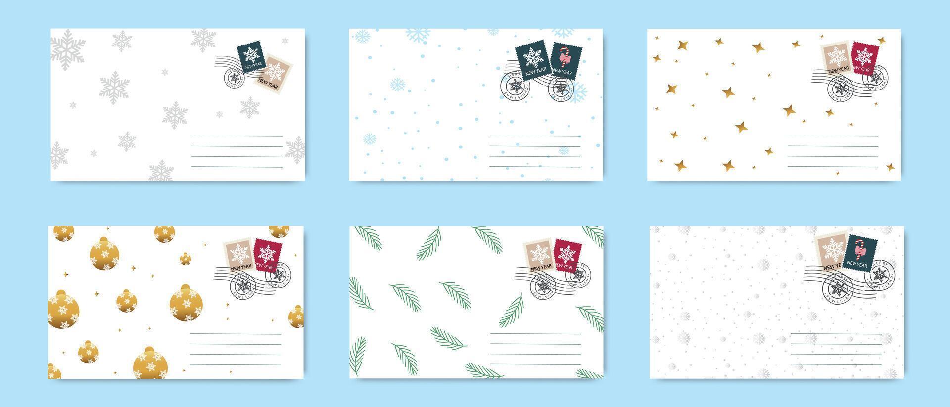 Elegant New Year envelope set with minimal designs featuring snowflakes, ornaments, stars, and pine branches for festive holiday greetings vector