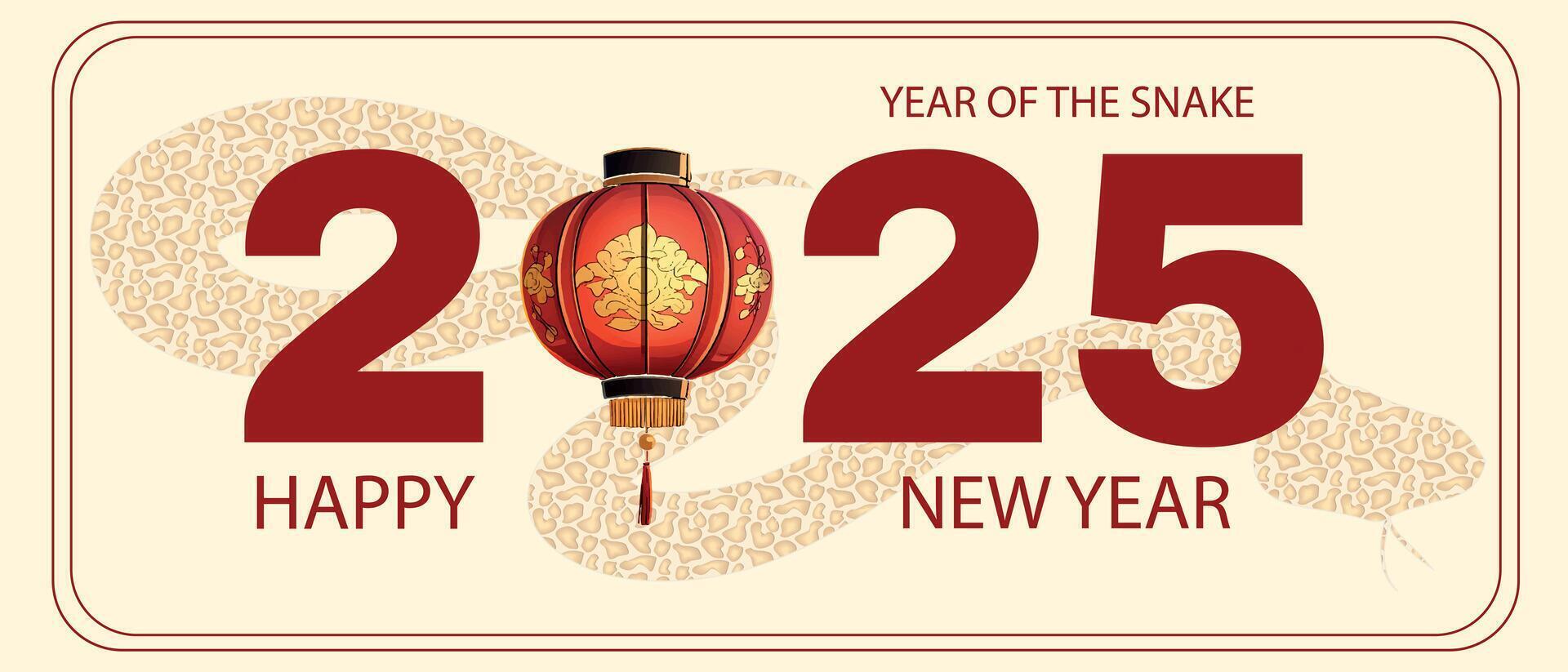 2025 Chinese New Year greeting card with golden snake, traditional lantern, and elegant design celebrating the year of the snake in modern style vector