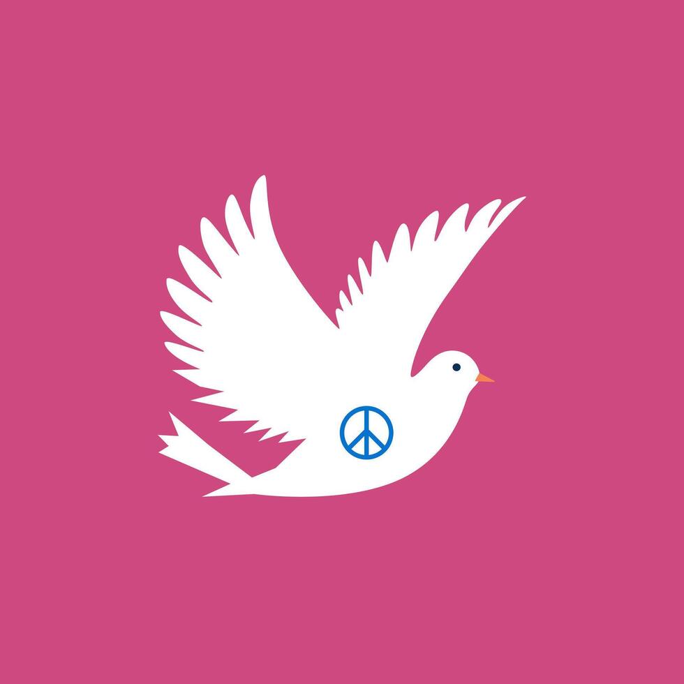 white dove with a blue peace symbol on its body, flying against a pink background, symbolizing peace and harmony vector