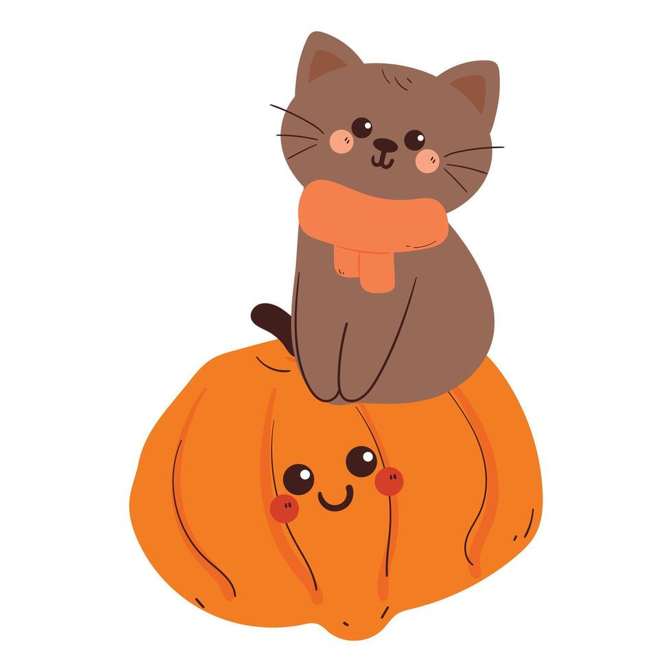 cute drawing cartoon cat with pumpkin. cute animal drawing, doodle, sticker for autumn vibes vector