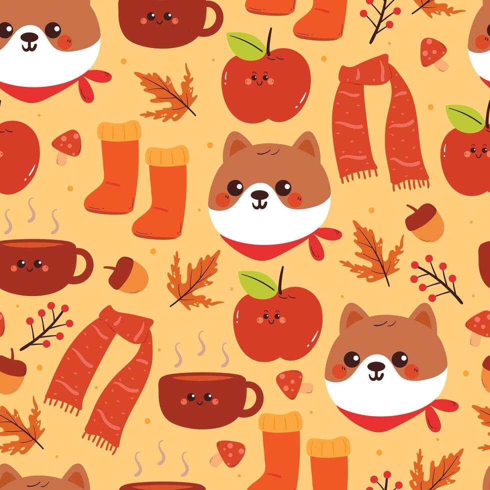 seamless pattern cartoon puppy with autumn vibes. cute autumn fall wallpaper for fabric print, gift wrap paper vector