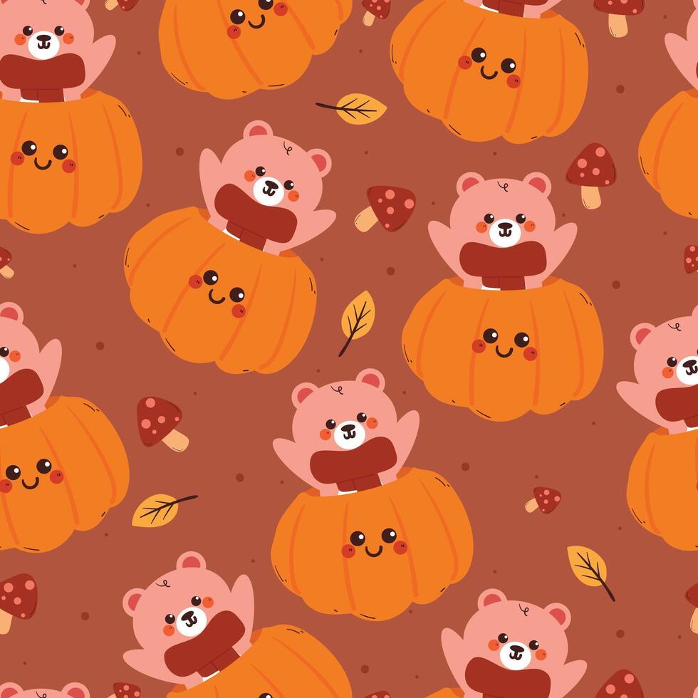 seamless pattern cartoon bear with autumn vibes. cute autumn fall wallpaper for fabric print, gift wrap paper vector