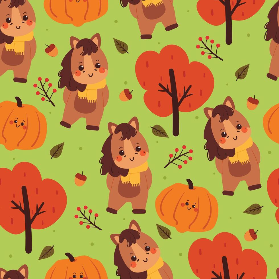 seamless pattern cartoon horse with autumn vibes. cute autumn fall wallpaper for fabric print, gift wrap paper vector