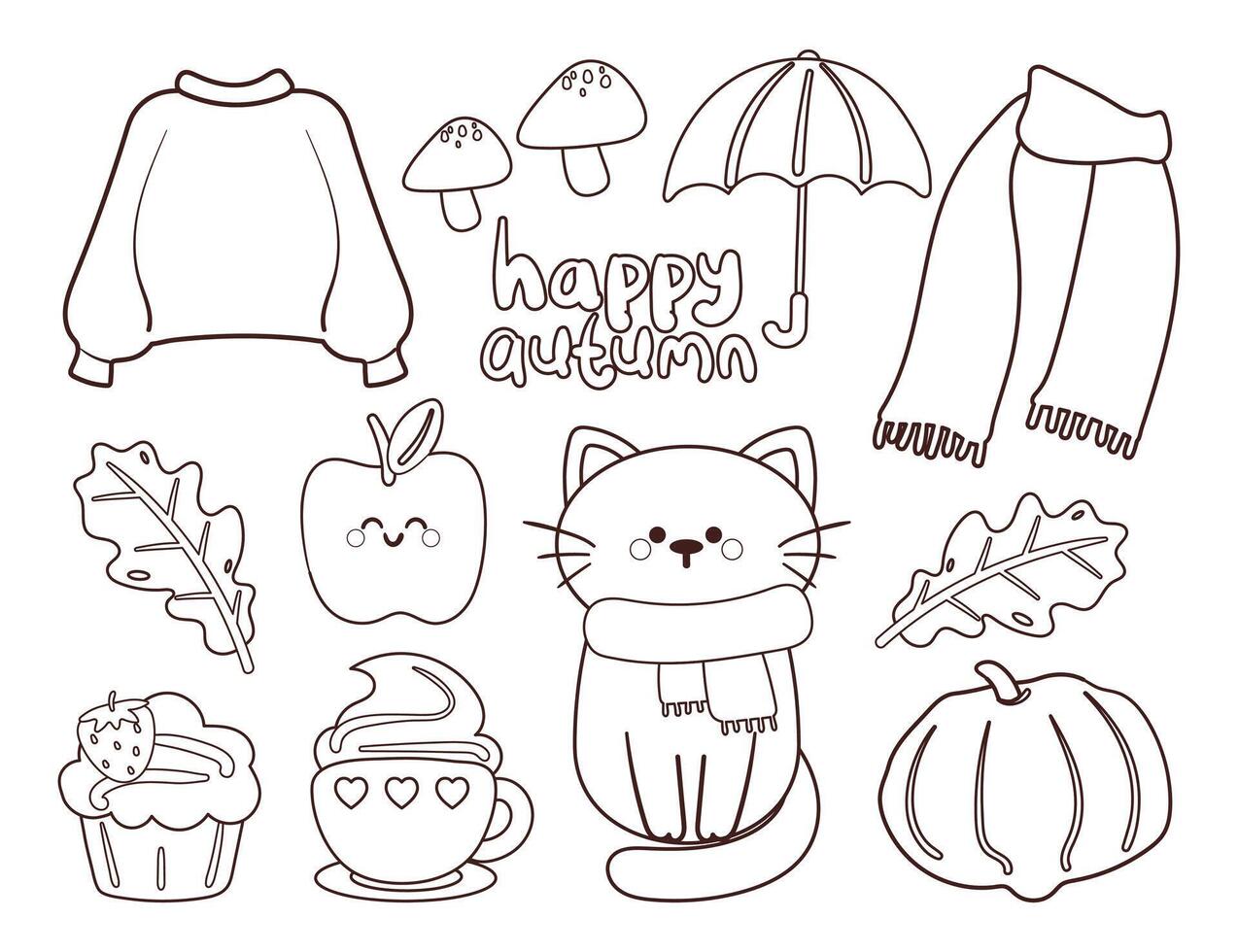 coloring page cartoon autumn vibes sticker set. cute sticker and doodle for coloring book vector