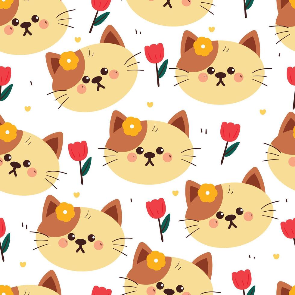 seamless pattern cartoon cat with flowers. cute animal wallpaper for fabric print, gift wrap paper vector
