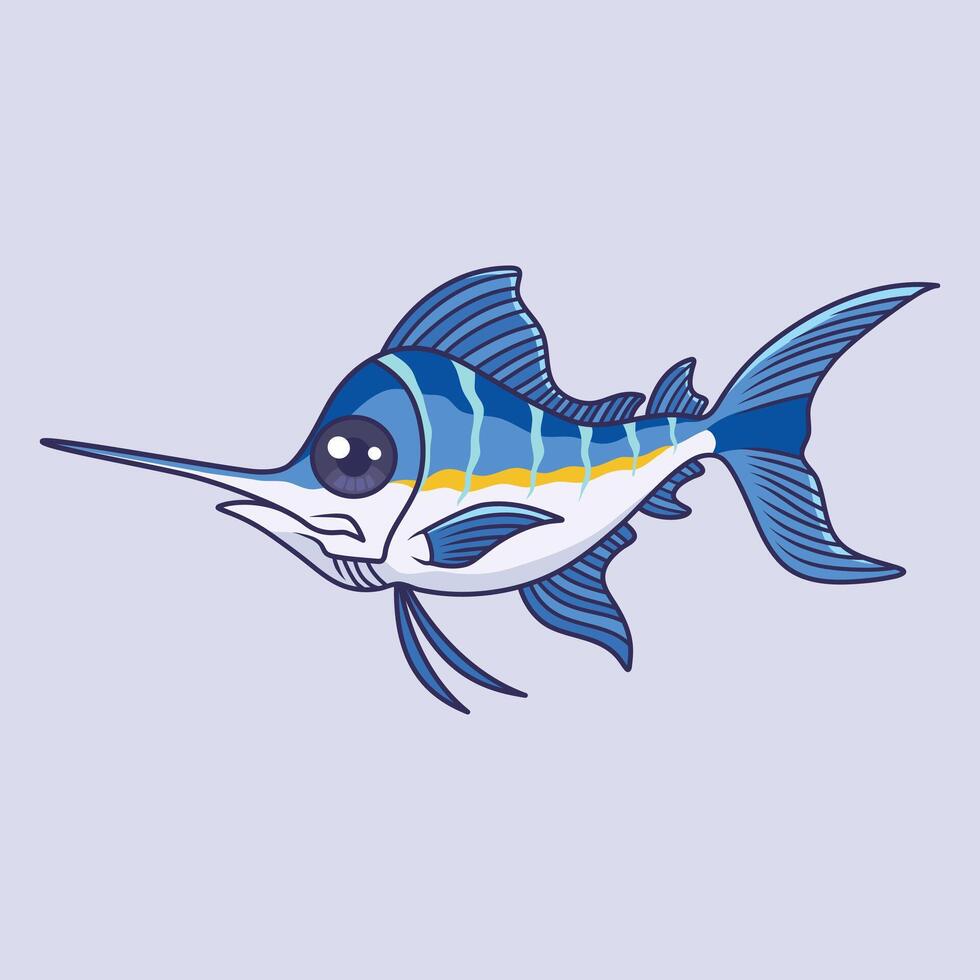 Cute blue marlin fish animal cartoon character Illustration. vector