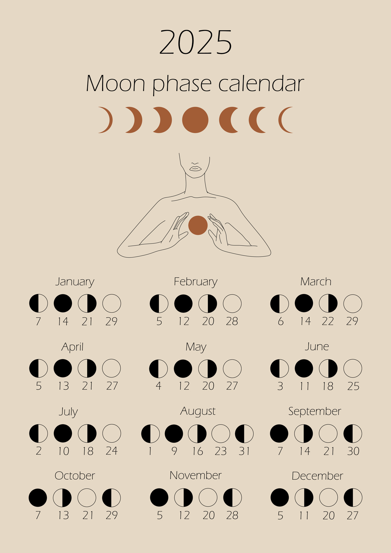 Moon phases calendar 2025 with a girl line. Waning gibbous, Waxing crescent, New moon, Full moon