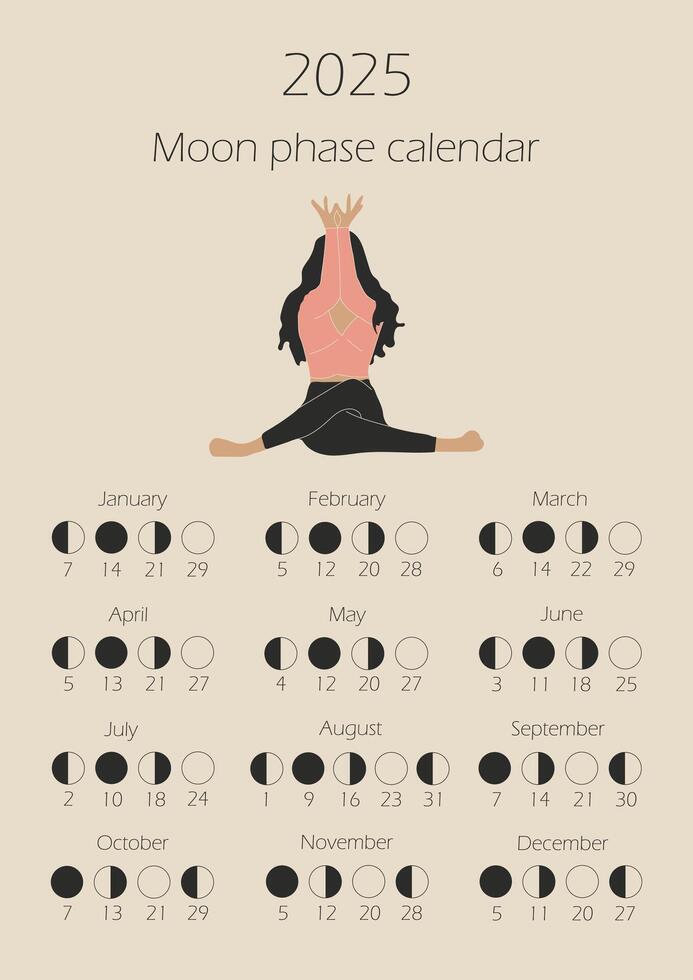 Moon phases calendar 2025 with a girl doing yoga. Waning gibbous