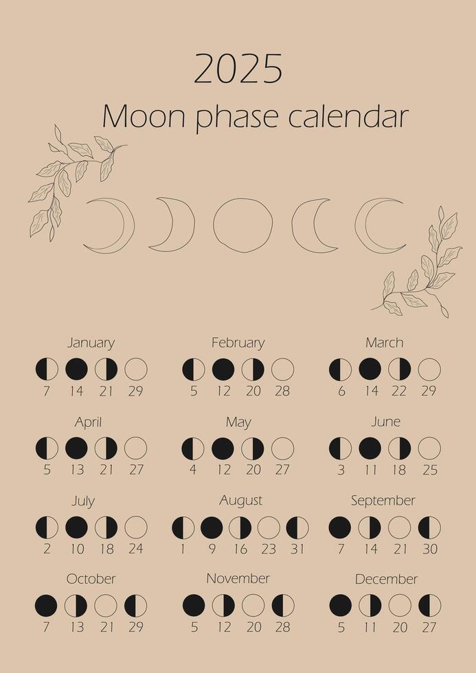 Moon phases calendar 2025. Waning gibbous, Waxing crescent, New moon, Full moon with dates. vector