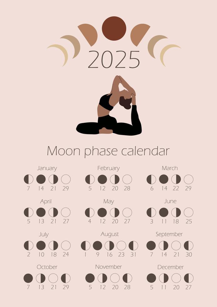 Moon phases calendar 2025 with a girl doing yoga. Waning gibbous, Waxing crescent, New moon, Full moon with dates. vector
