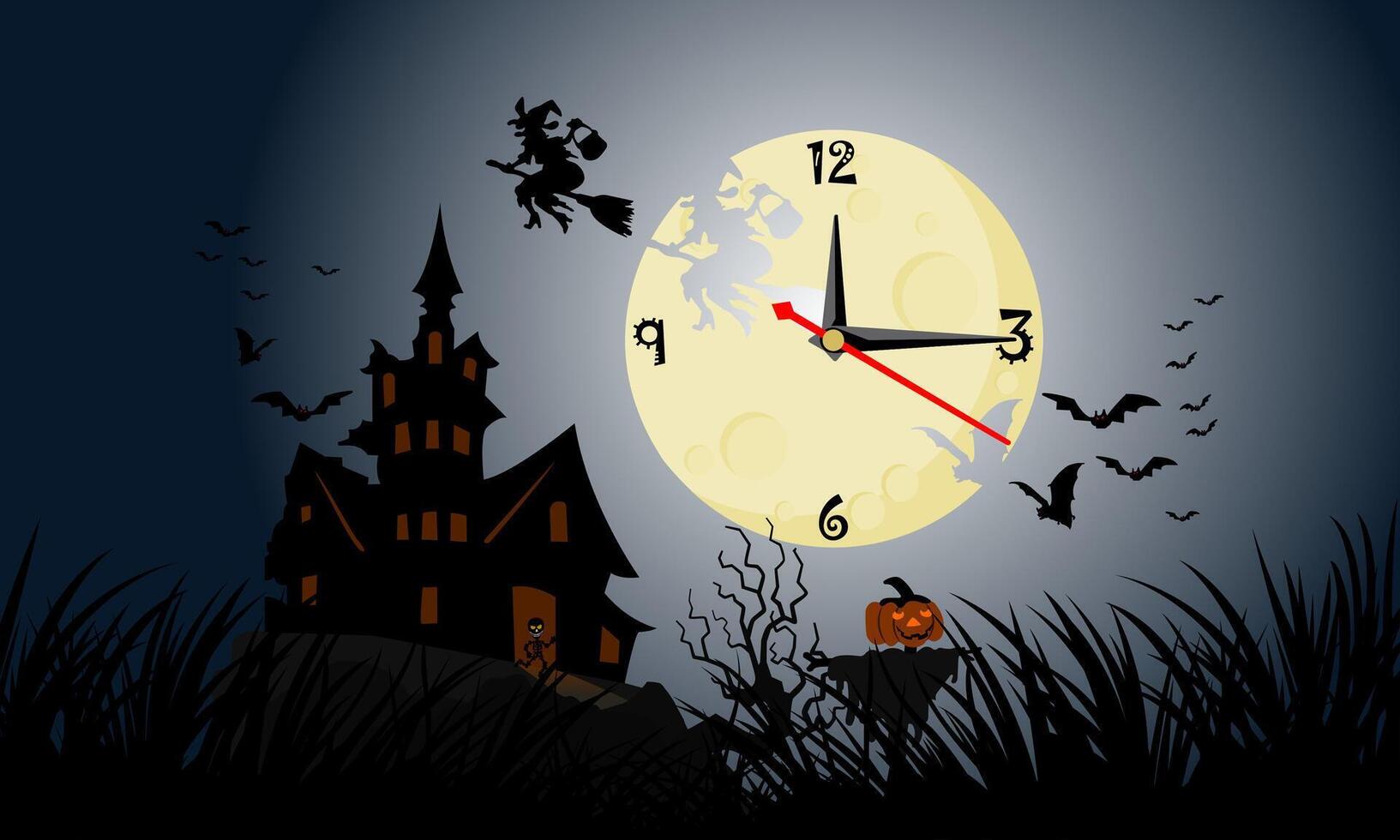 The moon has clock hands to tell time. Float over a dark and terrifying castle on Halloween night. Ghost release night, a joyful time for ghosts. vector