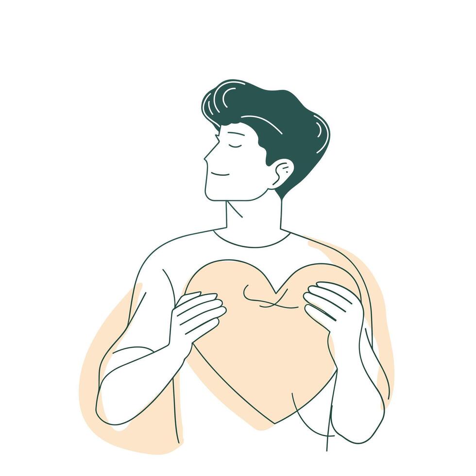 Minimalist illustration of a man embracing a heart, symbolizing self-love, compassion, and emotional well-being. vector