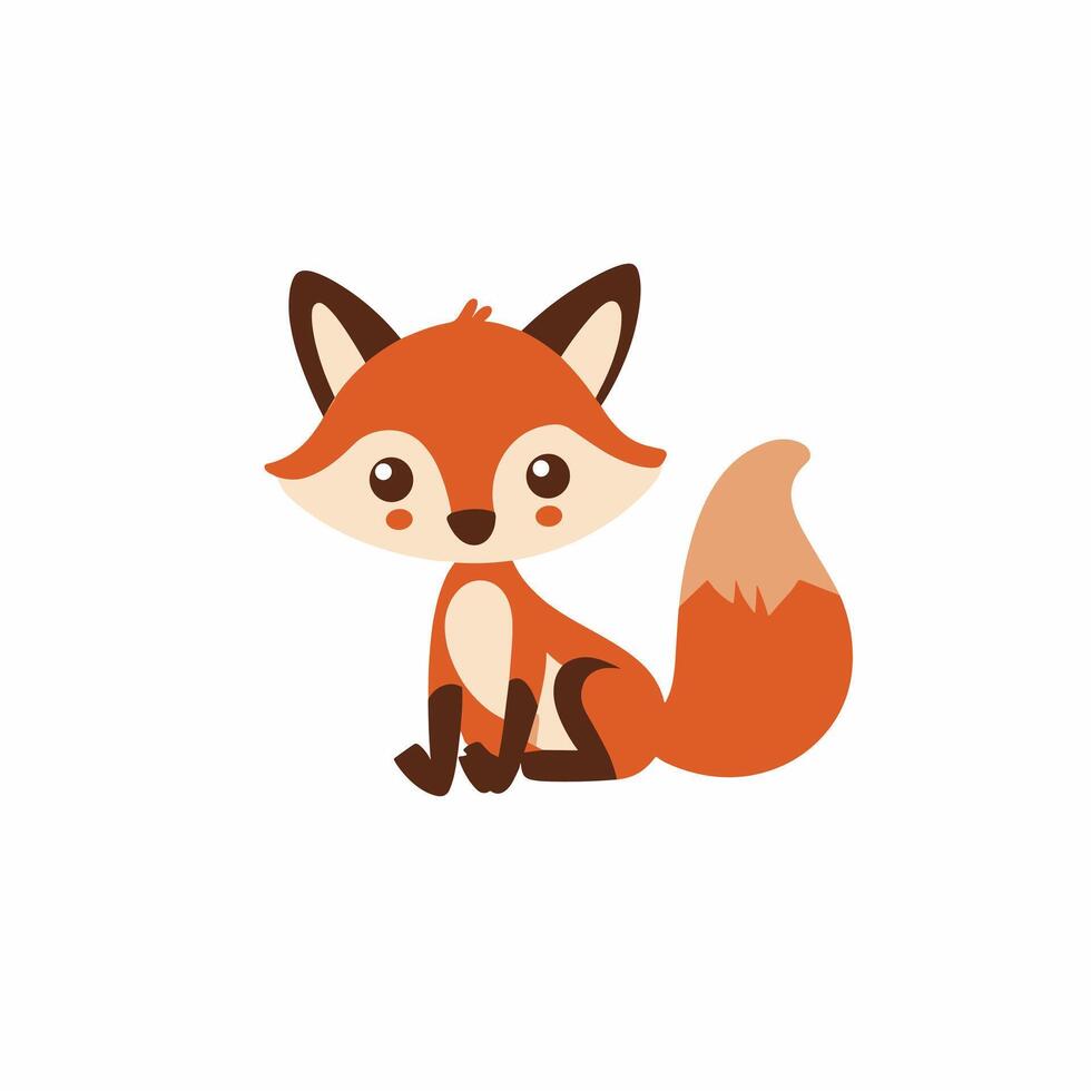 Cute cartoon fox illustration with a fluffy tail sitting against a white background. vector