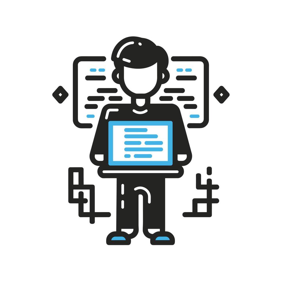 Illustration of a male software developer holding a laptop with code, set against a white background. vector