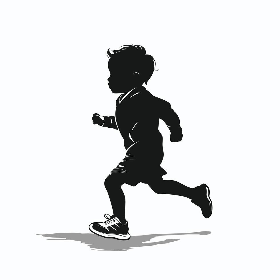 Silhouette of a young boy running, captured mid-stride against a white background. vector