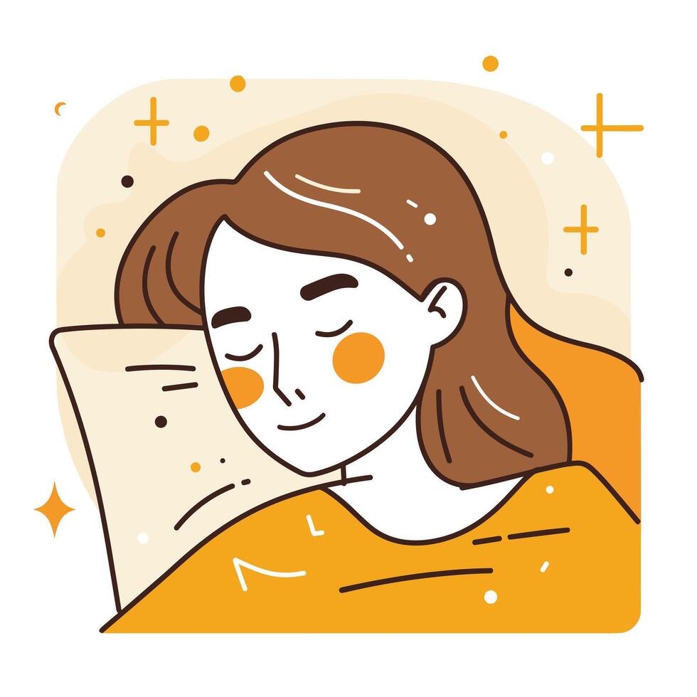 Cartoon illustration of a woman peacefully sleeping on a pillow, surrounded by stars and sparkles in a warm color palette. vector