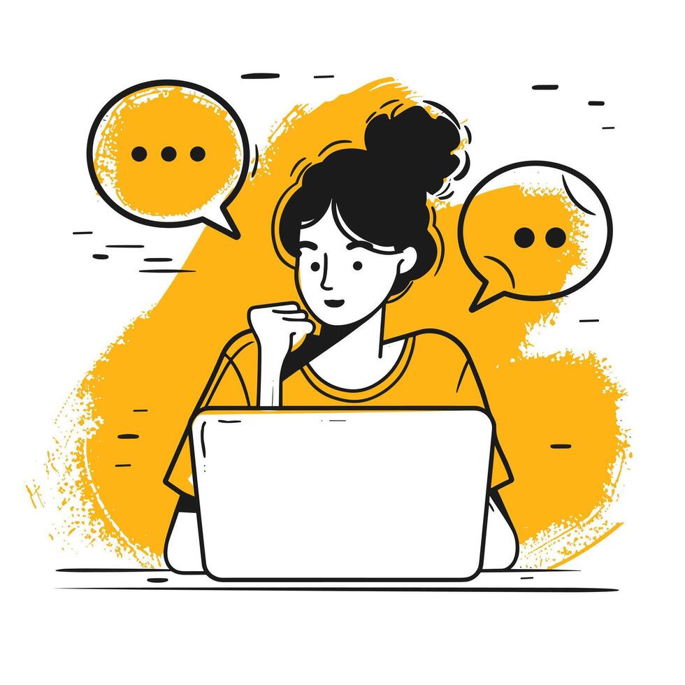 Illustration of a thoughtful woman working on a laptop with chat bubbles on a yellow background. vector