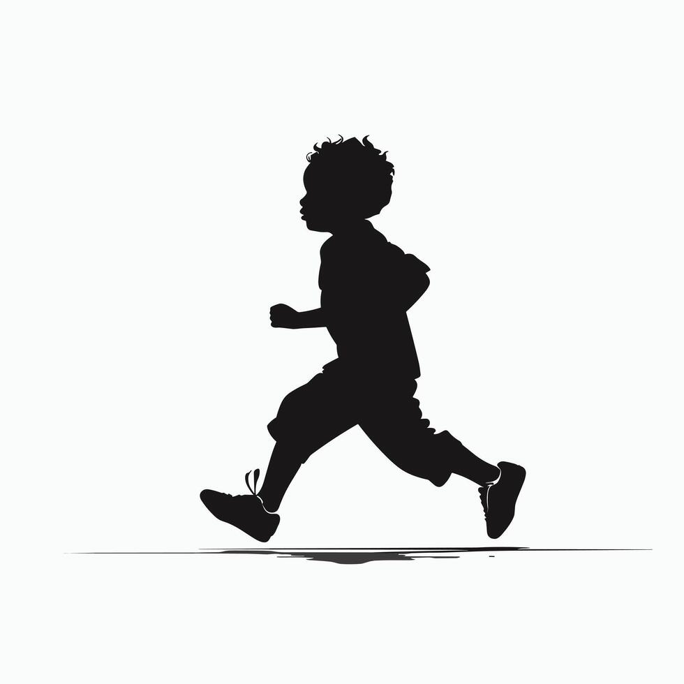 Silhouette of a young boy running against a plain white background. vector