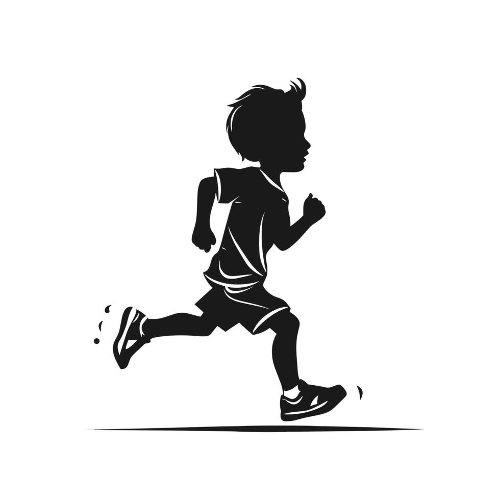 Silhouette of a young boy running in athletic attire against a white background. vector