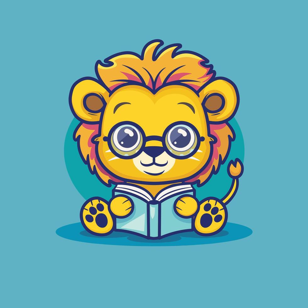 Cute cartoon lion with glasses reading a book on a blue background. vector