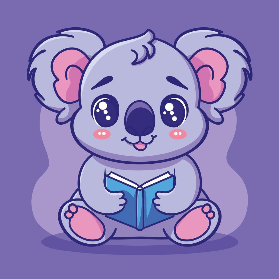 Cute cartoon koala reading a book with a happy expression on a purple background. vector