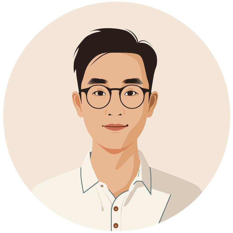 Illustration of an Asian man wearing glasses and a white shirt, set against a light beige background. vector