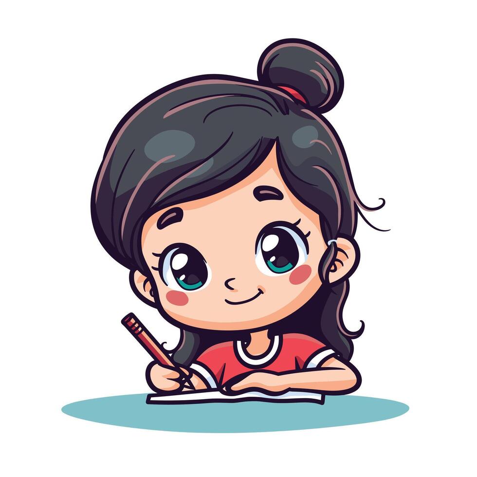 Adorable young girl with dark hair drawing with a pencil on paper, smiling happily. vector