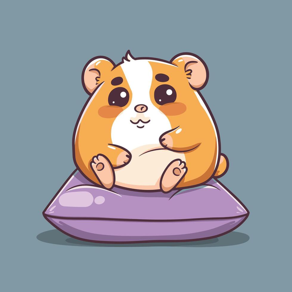 Cute chubby hamster sitting on a purple cushion, looking adorable with its tiny paws. vector