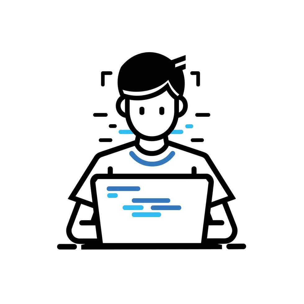Illustration of a person working on a laptop with a focused expression. vector